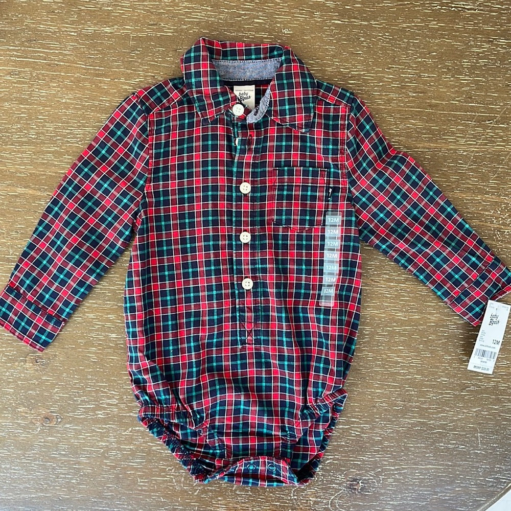 Baby B’gosh, flannel plaid button- front bodysuit, 12 months, NWT